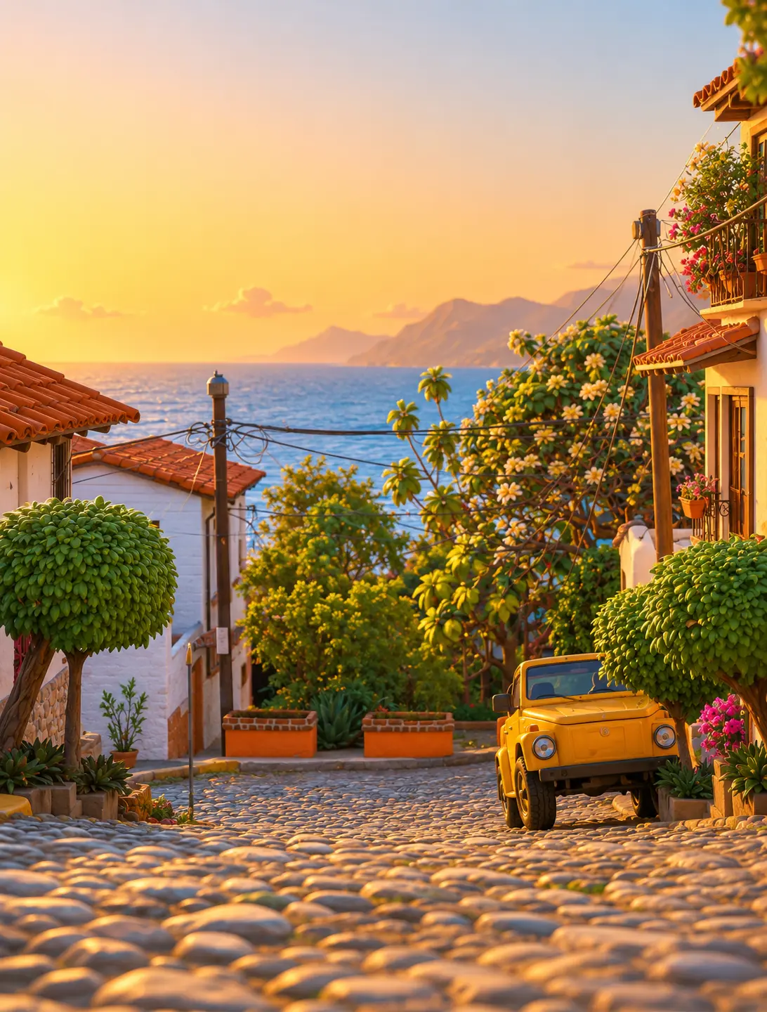 Calle empedrada de Puerto Vallarta al atardecer con vista al mar
