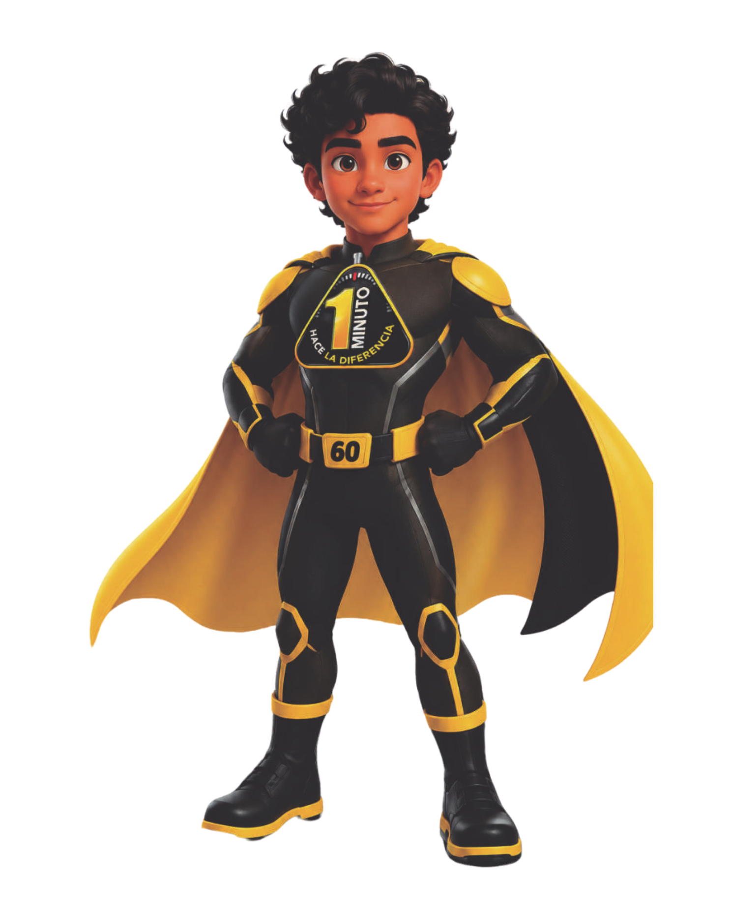 Capitán 60, personaje de traje negro y amarillo con el logotipo de 1 Minuto Hace la Diferencia