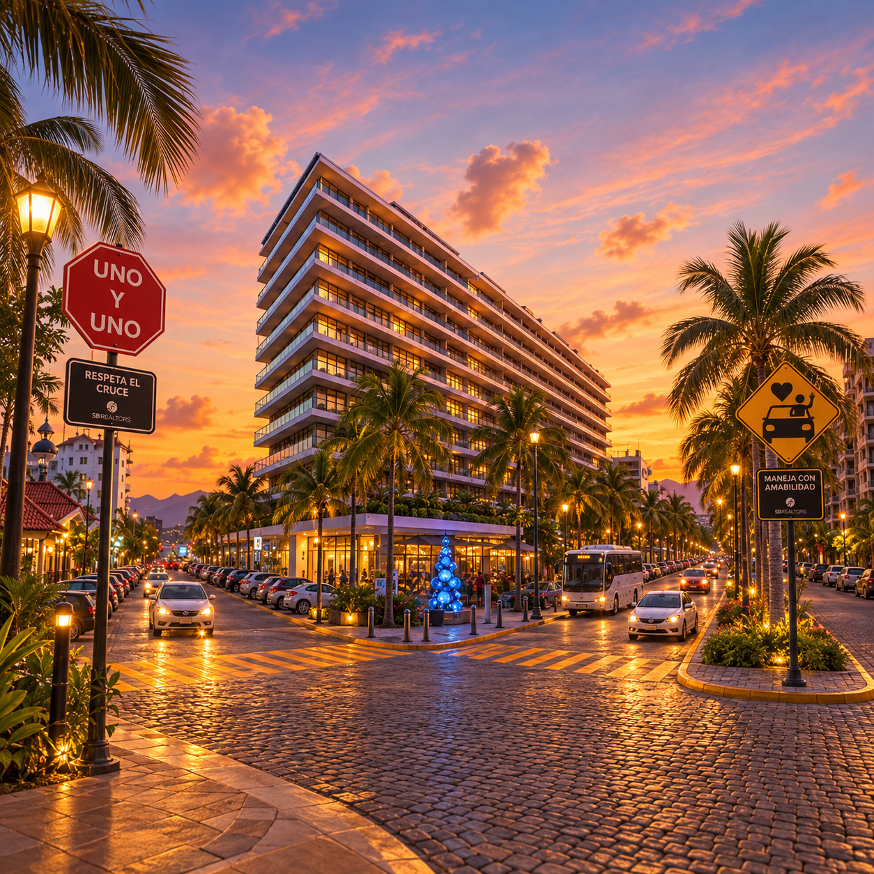Avenida de Puerto Vallarta al atardecer con señalética del programa, autos, autobús y palmeras