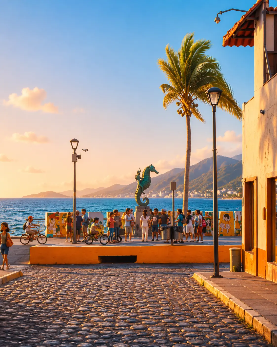 Malecón de Puerto Vallarta con personas caminando y circulando en bicicleta